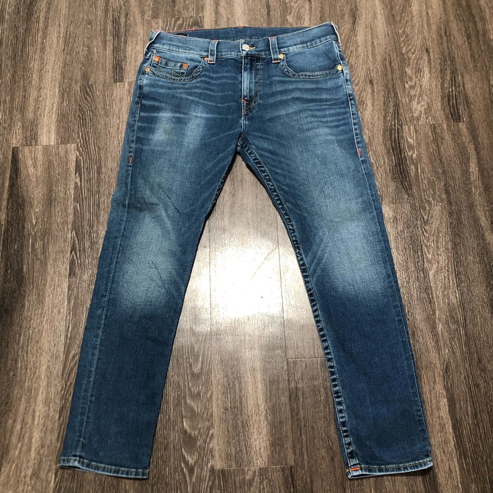 True Religion Rocco Relaxed Skinny Jeans Mens Size 34 Blue Medium Wash Stitch